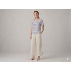 Citron Bleu Linen Cotton Mixed Stripe Top M Lagenlook Coastal Button Back Blouse